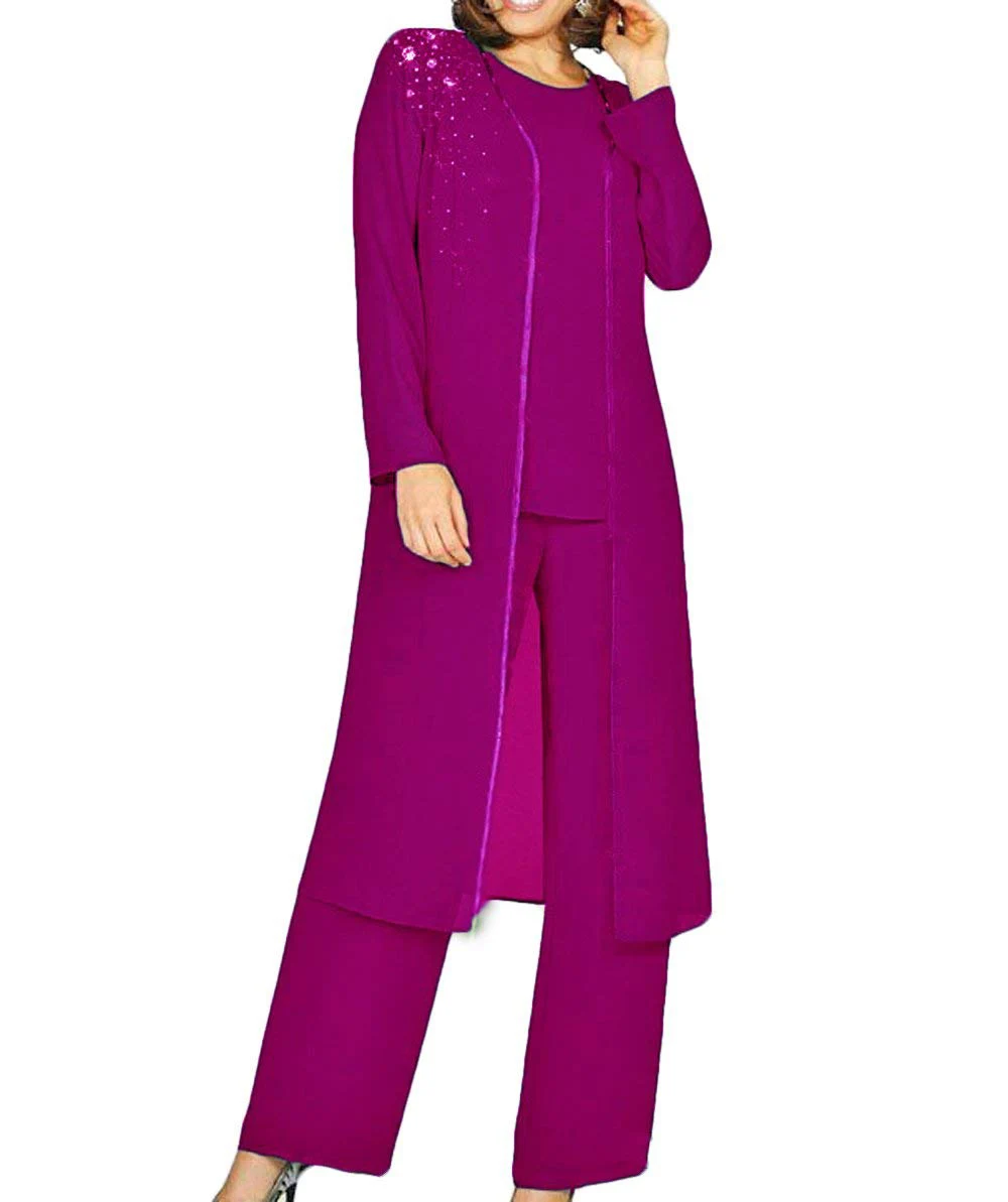 fuchsia Женский элегантный костюм из 3 предметов, украшенный кристаллами, шифоновое платье для матери невесты, брючный костюм с жакетом, наряд для свадьбы, жениха - Цвет: fuchsia