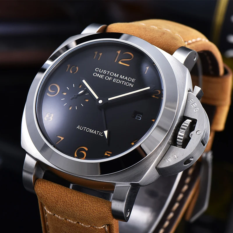 

Watch Men Automatic Mechanical 44mm GMT stainless steel Black PVD Case Leather Strap Power Reserve Luminous Military