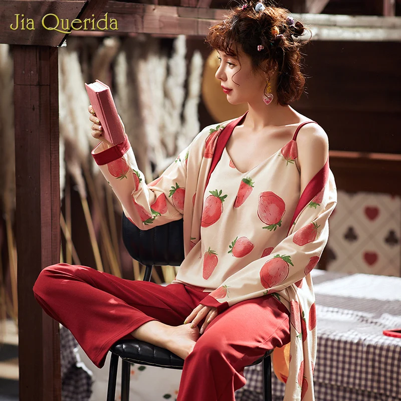 Pajama Sets Women 2020 New Spring Trendy Pjs 100% Cotton Women's 3 Pieces Pyjama Set Japanese Kimono Strawberry Printing Pajamas
