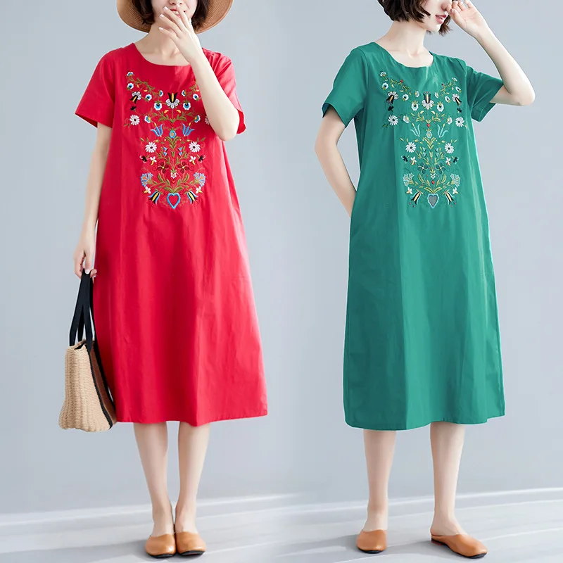

Photo Shoot 2019 Summer Wear New Style Ethnic-Style Embroidered Cotton Linen Retro Loose-Fit Slimming Mid-length Dress