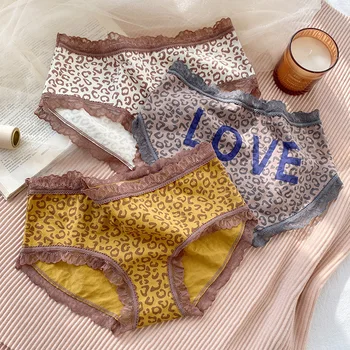 

Lace-edge mid-waist color matching underwear butt-lifting pure cotton stretch leopard print panties sexy pack hip underpants