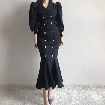 

Korean Vintage Double Breasted Long Suit Dress Women Puff Sleeve Notched Collar Belted Mermaid Dresses Vestido Mujer 2020 Spring