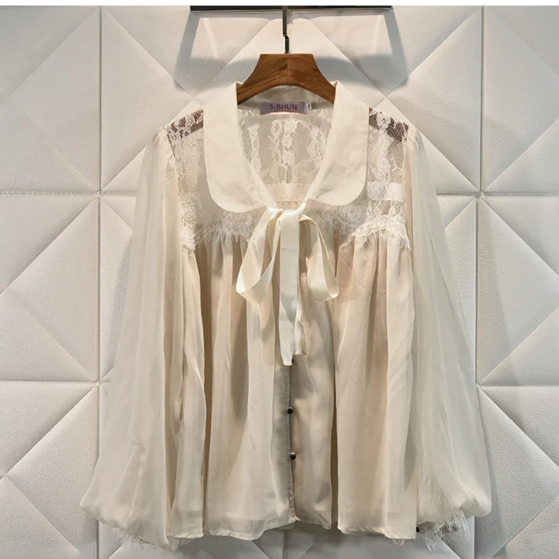 

Designer Luxury Shirts for Women Vintage Lantern Sleeves Peter Pan Collar Lace Chiffon Blouse Tops