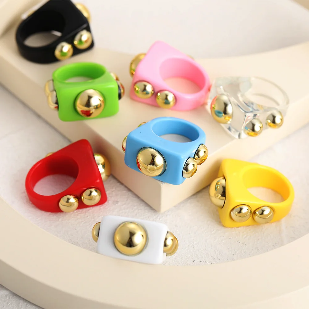 New Colorful Transparent Resin Acrylic Crystal Rhinestone Simple Geometric Square Round Rings Set for Women Fashion Jewelry