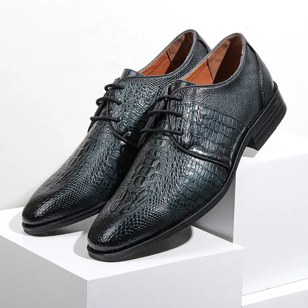 

British Men's PU Leather Dress Shoes Crocodile Pattern Shoe Lace Up Business Wedding shoe