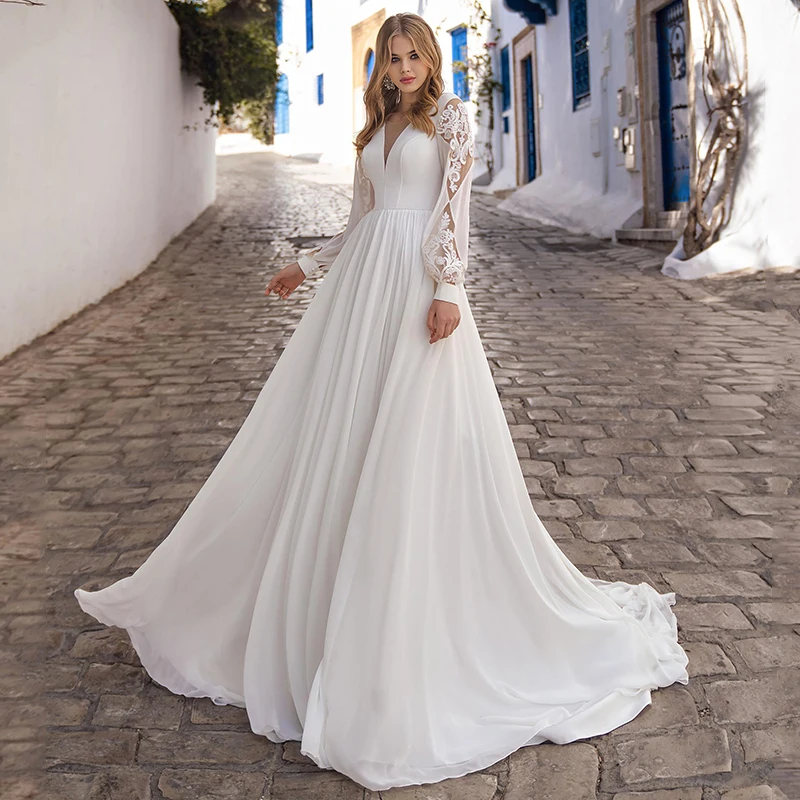 

Женское шифоновое платье-трапеция TIXLEAR, элегантное пляжное свадебное платье в стиле бохо с длинными кружевными рукавами и V-образным вырезом, недорогое винтажное платье невесты с открытой спиной, 2023