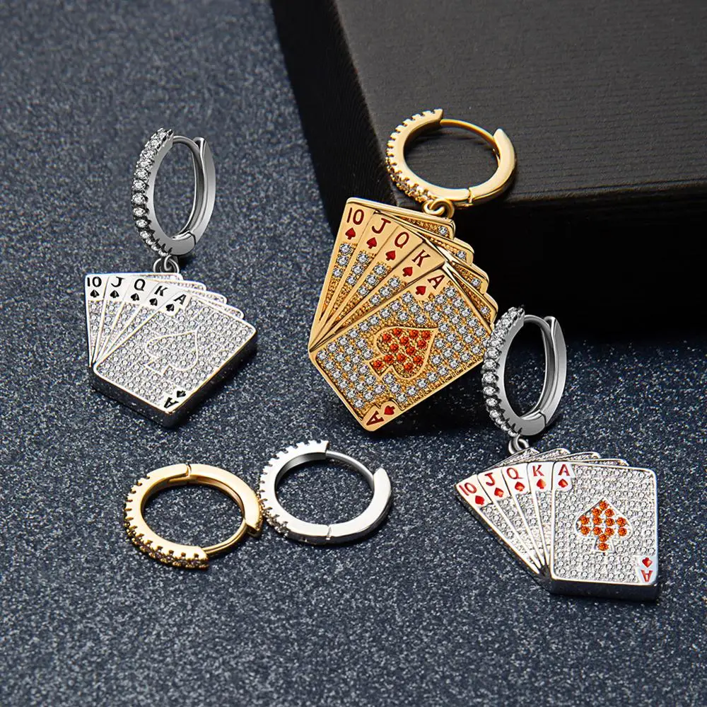 

New Personalized Creative Asymmetric Poker Drop Earrings 3A+ Zircon Colored Heart Gold and Silver Earrings For Women girls gift
