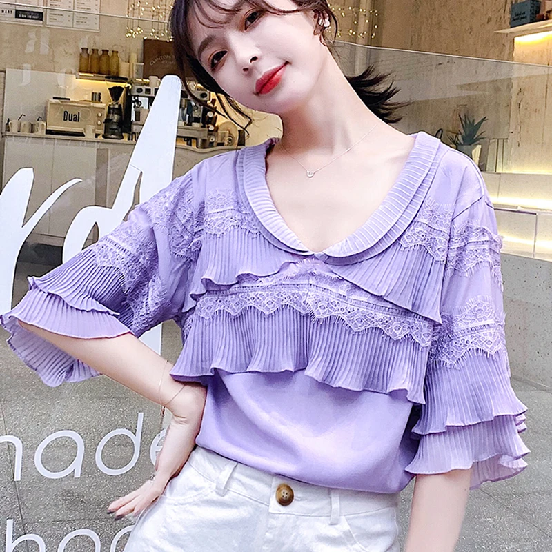 

Ruffles 2019 Summer New Lace Ruffle Half Sleeve Fashion Women Chiffon Shirt Purple Feminine Blouses shirt V-Necek Women Tops 81i