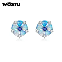 WOSTU Новое поступление серьги-гвоздики с голубым опалом для женщин ослепительные циркониевые цветущие цветы в форме пятиугольника ювелирные изделия серьги XCNE204