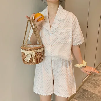 

Summer Autumn Fresh Sweet Home Service V-neck Cardigan Wild Color Wavelet Point Lace Short Sleeve Pajamas + Cotton Shorts Suit
