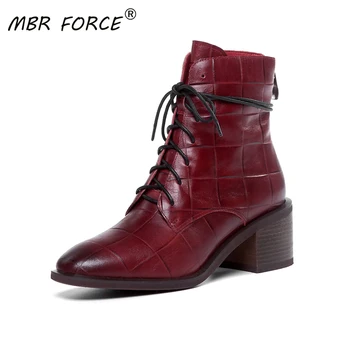

MBR FORCE Cowhide Retro Fashion All-match Ankle Boots high heels lace up elegant Women Ladies Shoes Woman cool casual travel red