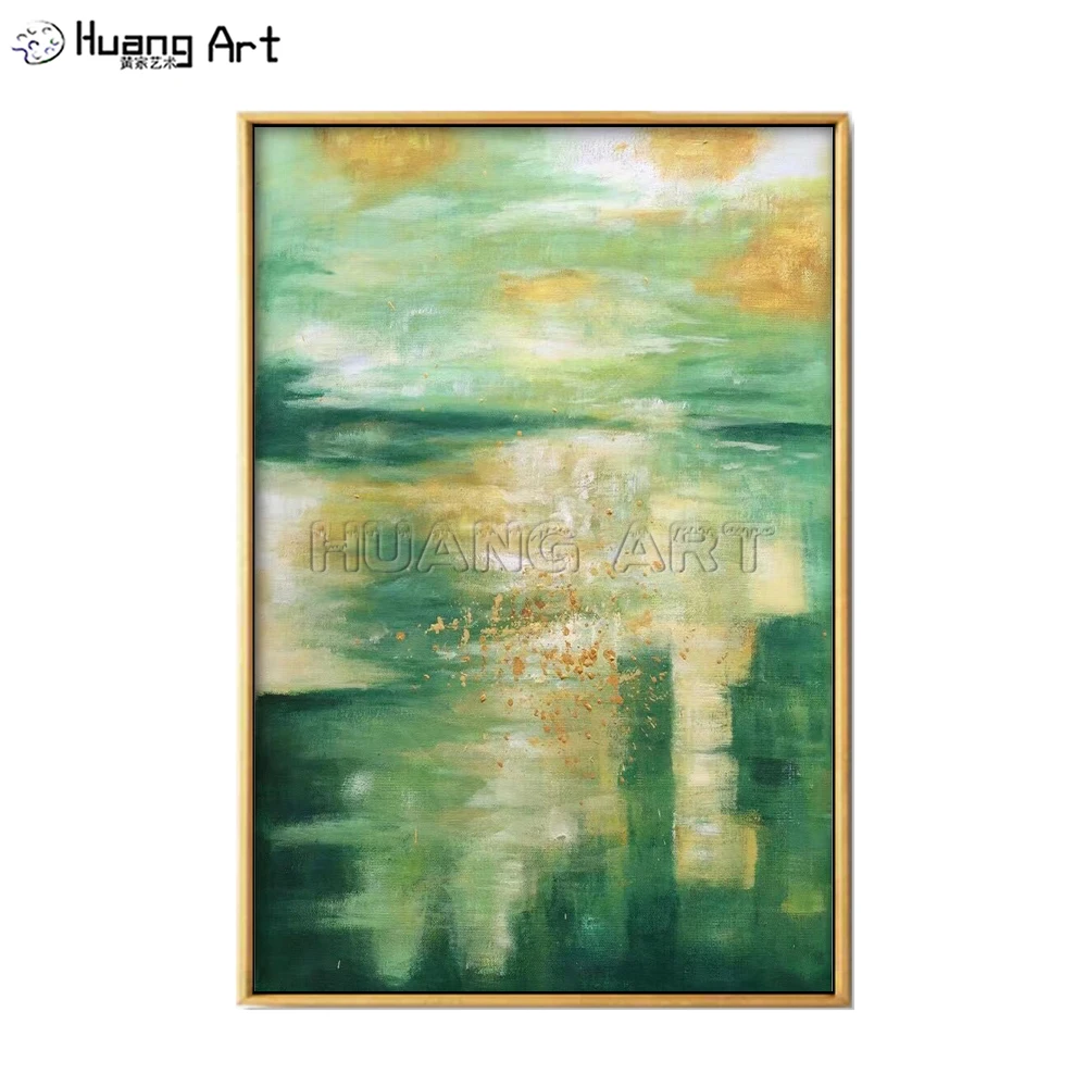 

Handmade Green Abstract Yellow Gold Oil Painting on Canvas Modern Abstract Lake Oil Painting for Wall Art Decoration Painting