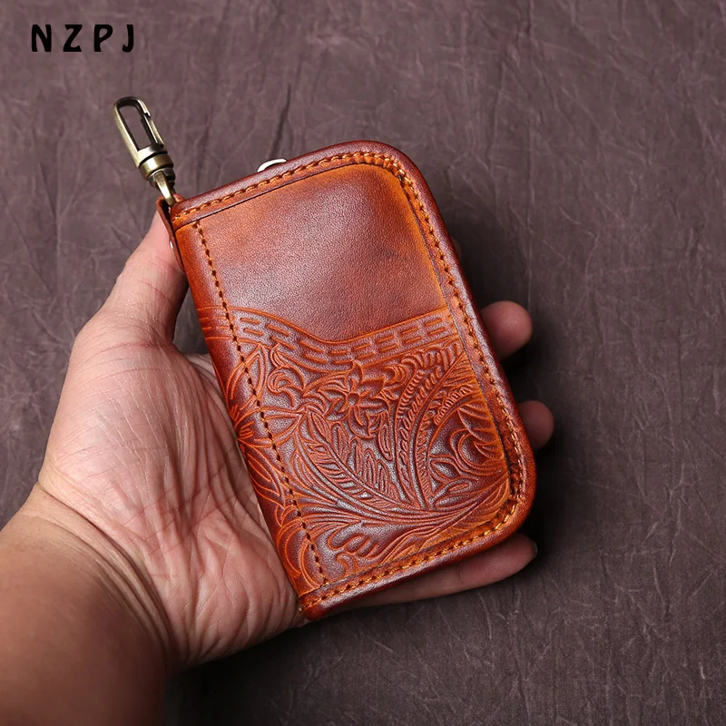NZPJ Men's Leather Key Bag, The First LayerOf Cowhide, Ladies' Purse, Multi-functional Vintage Vegetable Tanned Leather ID Bag.
