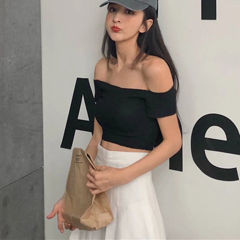 

Korean Version Of The Word Shoulder Solid Color Sexy Slim Short T-shirt