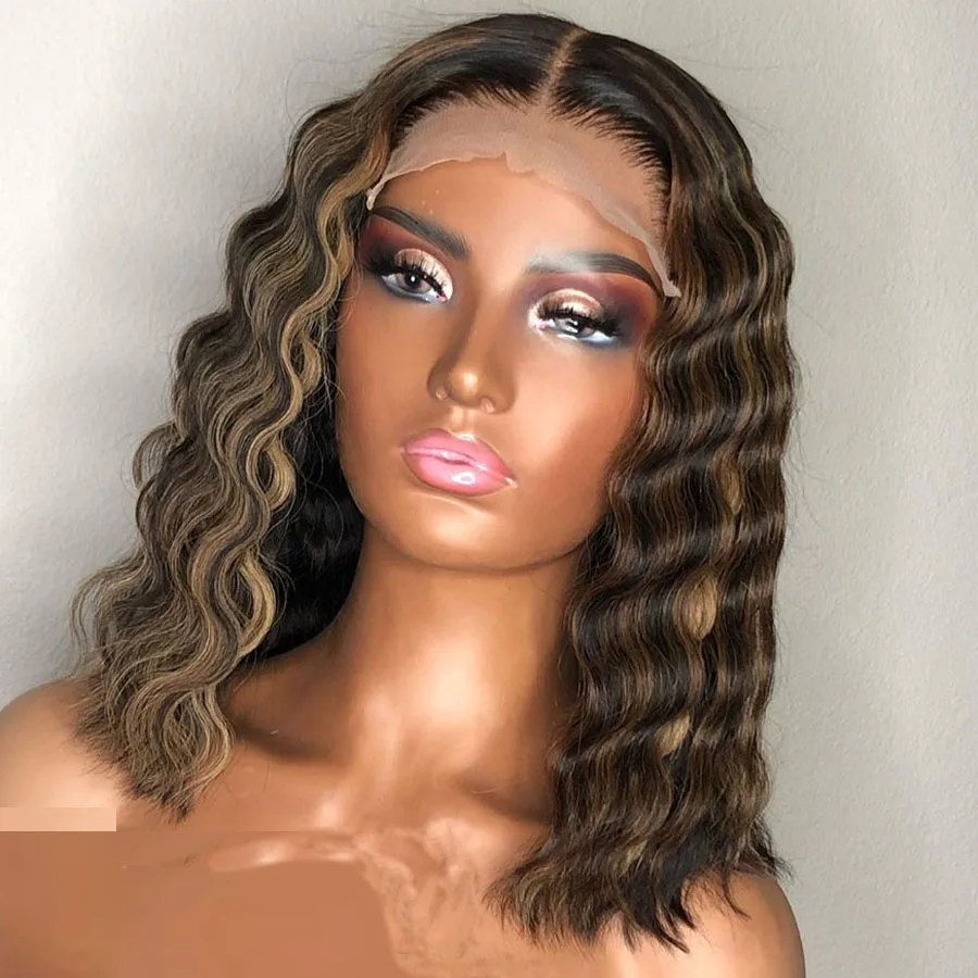 Фронтальный парик Honey Blonde13 × 6 на сетке Короткие вьющиеся парики боб для черных