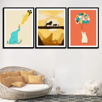 

Elephant and Giraffe's Friendship Lion King Bear Balloon Posters and Prints Canvas Decorative Painting Home Wall Art for Nursery