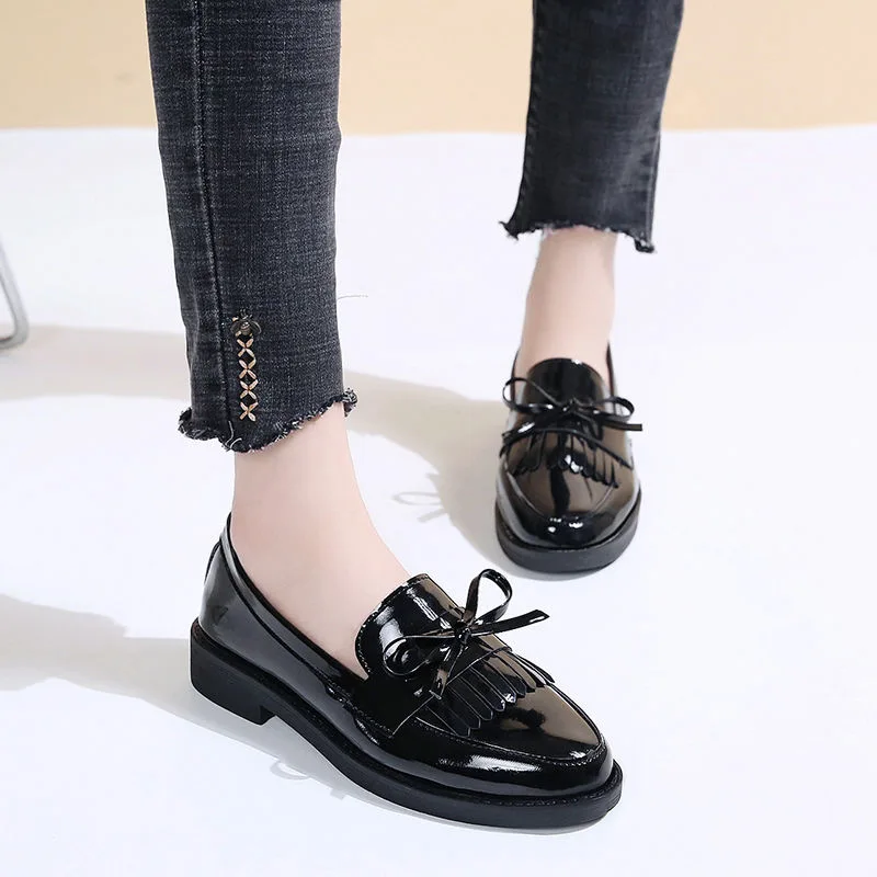 

Patent Leather Small Leather Shoes Women's 2019 Autumn New Style British Style Retro Tassels Bow Students Shoes WOMEN'S Shoes IN