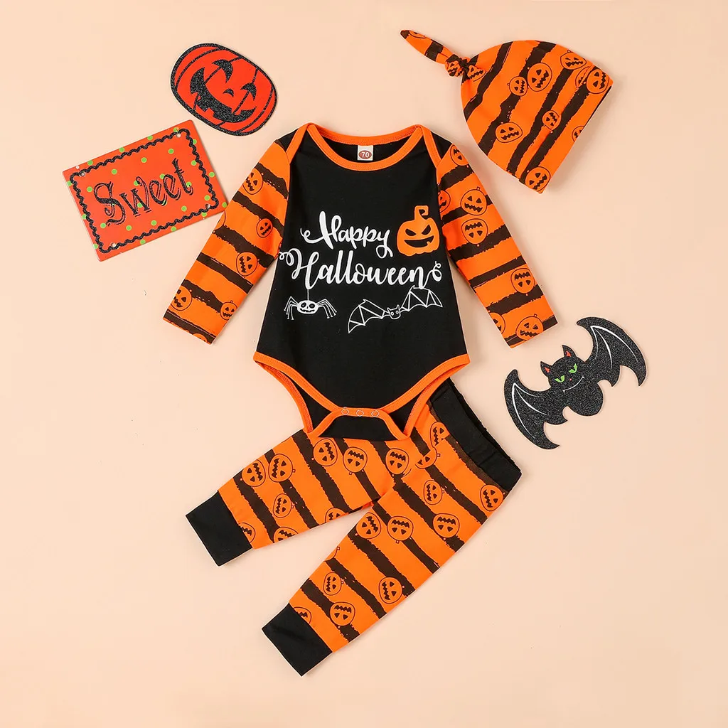 clothing-set costume party-wear Newborn Infant cute Baby Boys Girls Letter Romper Pants Hat Halloween 3pc Outfits Set new