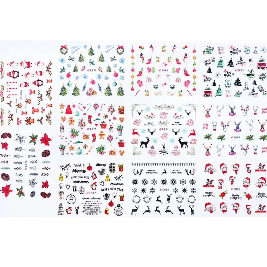 22 шт 3D Рождественские наклейки для ногтей олень Санта Клаус цветы слайдер УФ гель лак переводная наклейка зимний маникюр JIE875-E896