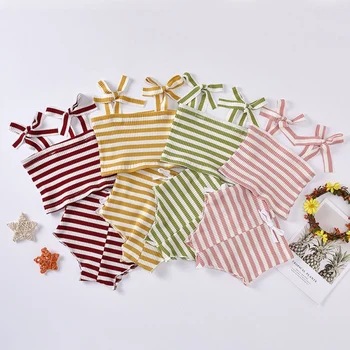

Summer Baby Girl Stripe Knited Clothes Sets Infant Kid Tie-up Shoulder Strap Tube Top + High Waist Short Bottom