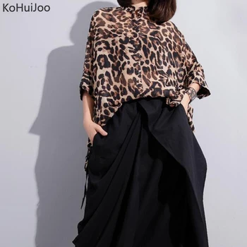 

KoHuiJoo Leopard Blouse for Women Batwing Sleeve Chiffon Blouse Shirt Plus Size Long Tops Turn Down Collar Vintage Shirts
