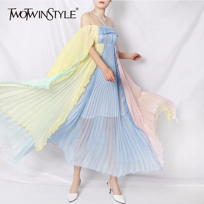 TWOTWINSTYLE Elegant Patchwork Ruffle Dresses Female V Neck Spaghetti Strap High Waist Hit Color Mesh Summer Dress Women Fashion TWOTWINSTYLE Elegant Patchwork Ruffle Dresses Female V Neck Spaghetti Strap High Waist Hit Color Mesh Summer Dress Women Fashion