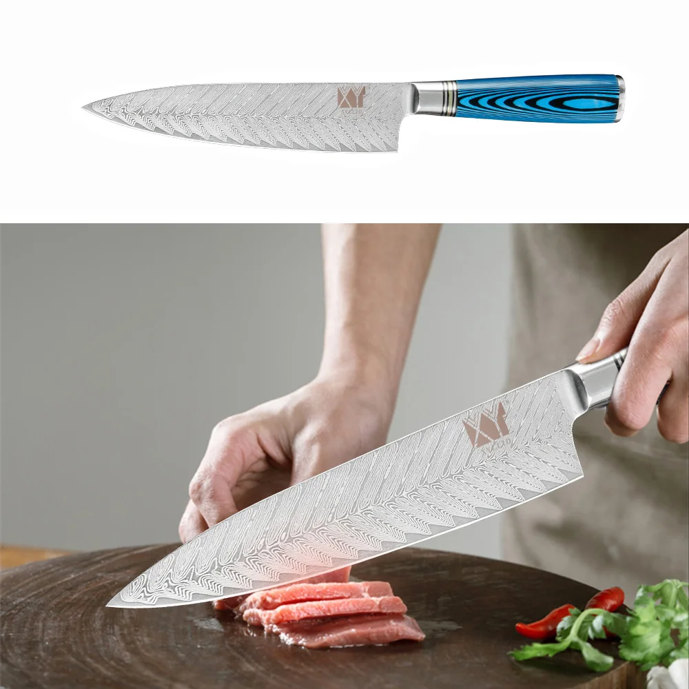 XYj 8 ''нож шеф-повара из дамасской стали с Голубой Ручкой, нож с рисунком рыбы, кухонный нож для мяса, рыбы, кухонные инструменты для приготовления пищи, гостиничные гаджеты