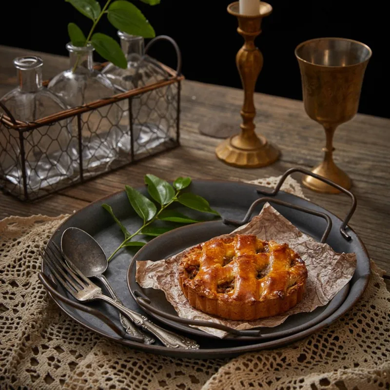 Ретро круглая тарелка Европейская с ручками ручной работы из кованого железа винтажный поднос для хранения хлеба для украшения дома
