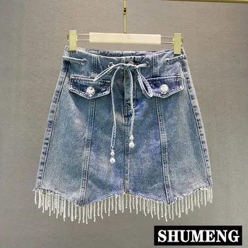 

2020 Summer New Ins High Waist Lace-up Pearl Tassel Denim Skirt Women's Stretch Slim Hip Skirt Streetwear Shorts Jeans Skirt
