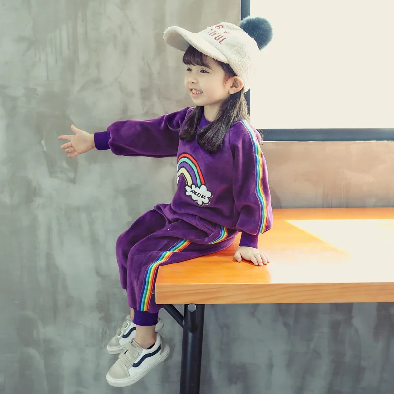 

Baby Girls plus Velvet Suit 2019 Korean-style Children Double-sided Plush Pullover Two-Piece Set Children Warm Childrenswear