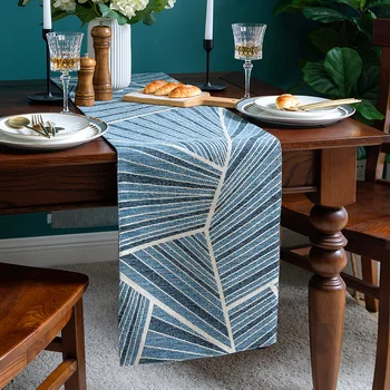 

DUNXDECO Table Runner Long Table Cover Fabric Dinner Party Tabelcloth Modern Simple Blue Geometric Jacquard Blend Textile Mat
