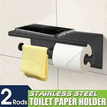 

NEW Black Stainless Steel Double Paper Holder Wall Mounted Bathroom Accessories Phone Rack Toilet Shelf Storage Hooks