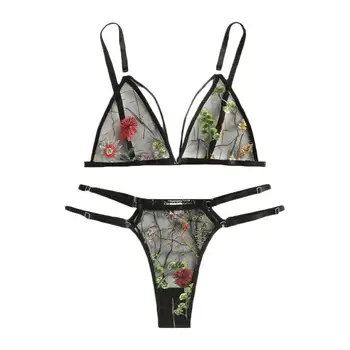 

Sexy Lingerie Women Lace Mesh Transparente Embroidered underwear G String Crotchless Thong Set Appeal Lenceriia N3