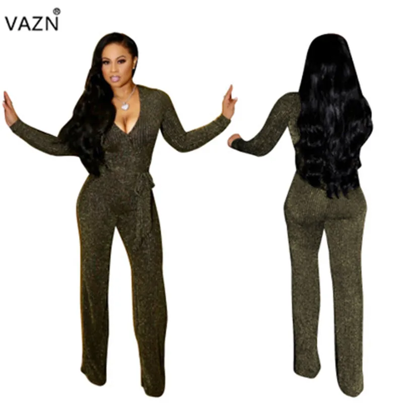 gold-green VAZN модный бренд, сексуальный дизайн, Женские однотонные комбинезоны с v-образным вырезом, комбинезоны с длинными рукавами, сексуальные кружевные широкие комбинезоны CM289 - Цвет: gold-green