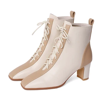 

Elegant Genuine Leather Women's Warm Shoes lace up Winter High Heels Ankle Boots Party Basic Shoes Woman