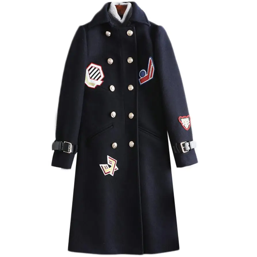 dark blue Размера плюс 5XL! осенне-зимнее модное шерстяное пальто с заплатками, женское двубортное длинное шерстяное пальто - Цвет: dark blue