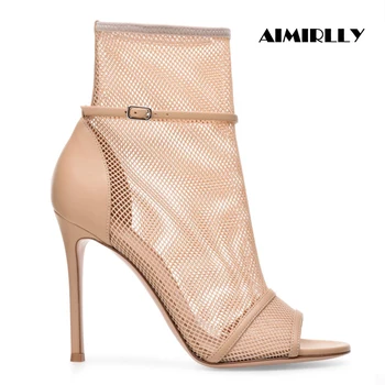 

Women Open Toe Ankle Boots High Heel Sandal Fishnet Booties Summer Spring Dress Shoes Mesh Ankle Buckle Nude Black Aimirlly