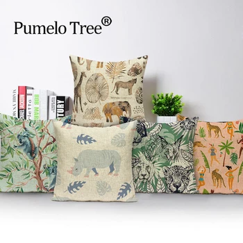 

Tropical Plants Cushion Cover Jungle Animals Pillows Case Portrait Geometry Pillow Cases Print Living Room Cushion Covers Kissen