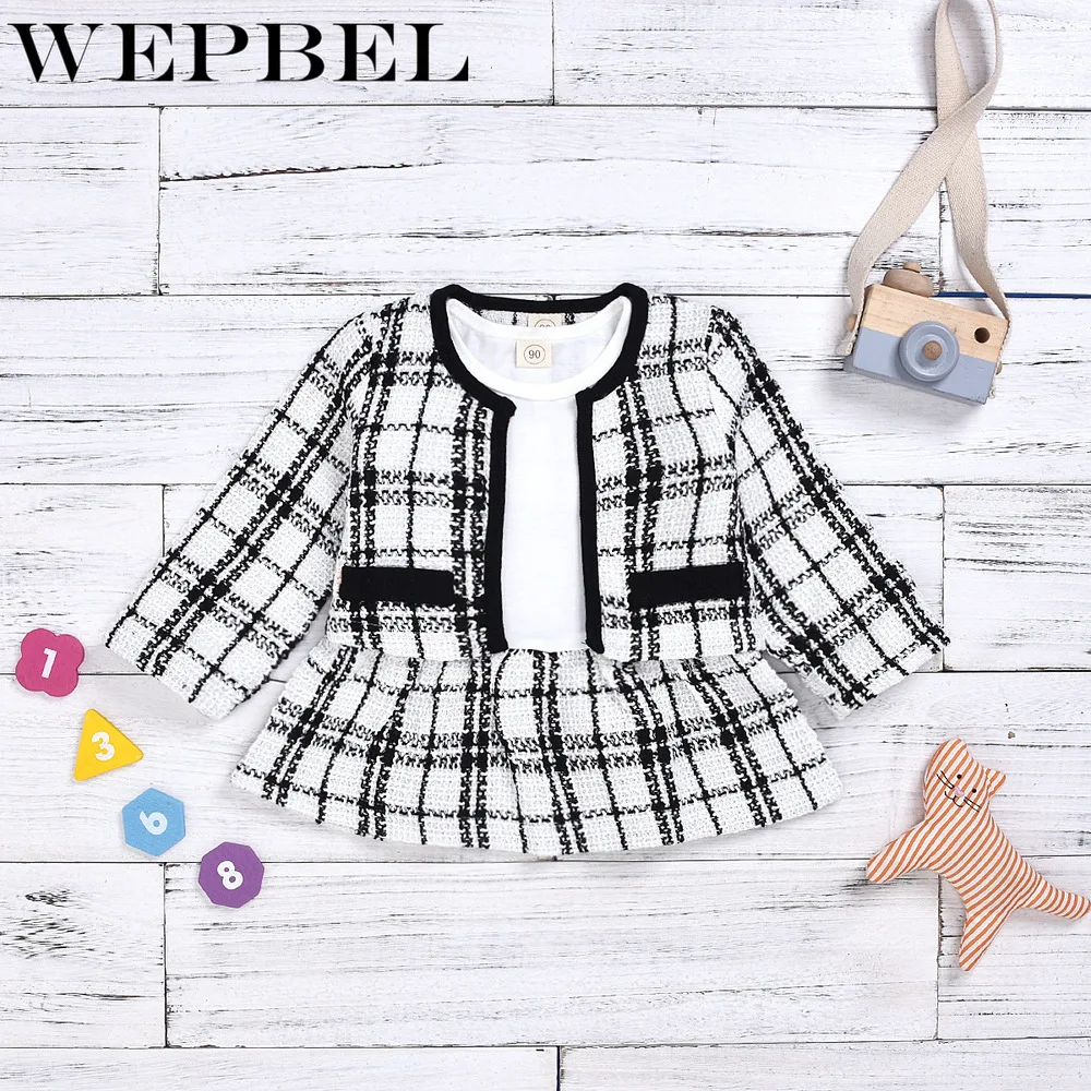 WEPBEL/детская одежда для маленьких девочек Vingate/клетчатые комплекты из 2 предметов, пальто с v-образным вырезом, мини-юбки Детская праздничная одежда для девочек на осень и зиму
