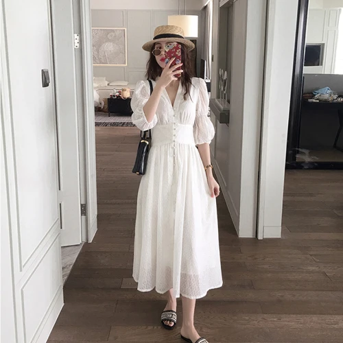 Белый New Fashion White Beach Long Dresses Women V-Neck Puff Sleeve Slim High Waist A-Line Long Dress Female Casual Party Dress - Цвет: Белый