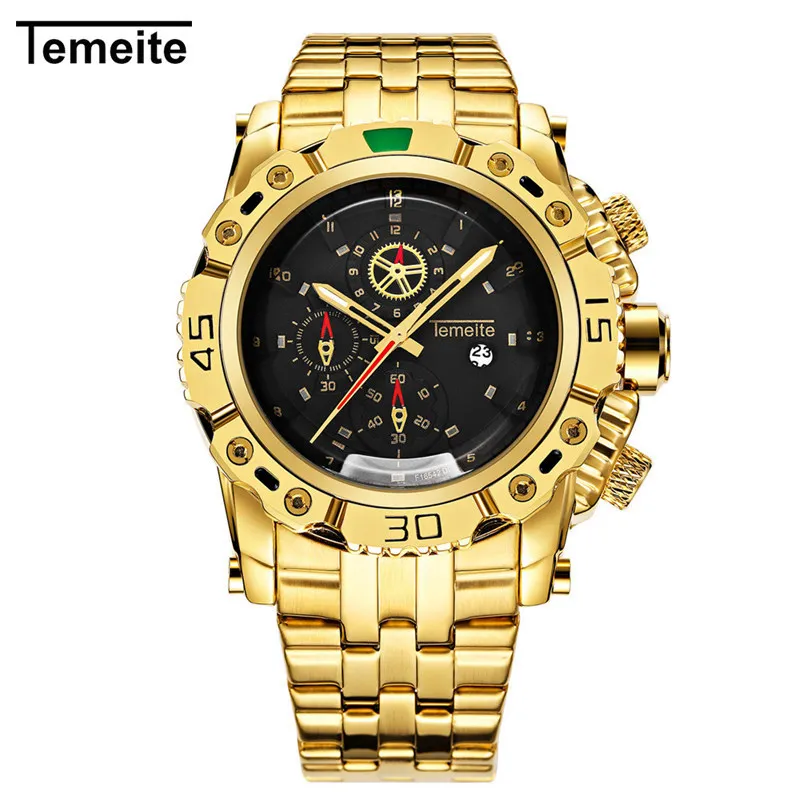 gold black TEMEITE Брендовые мужские часы полная сталь роскошные золотые мужские наручные часы Кварцевые водонепроницаемые мужские часы Citizen movement 3D циферблат дизайн - Цвет: gold black