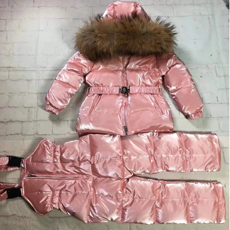 Детский костюм пуховая куртка пуховое пальто из двух предметов для девочек Зимний лыжный костюм на лямках-30 утолщенная одежда с меховым капюшоном для девочек