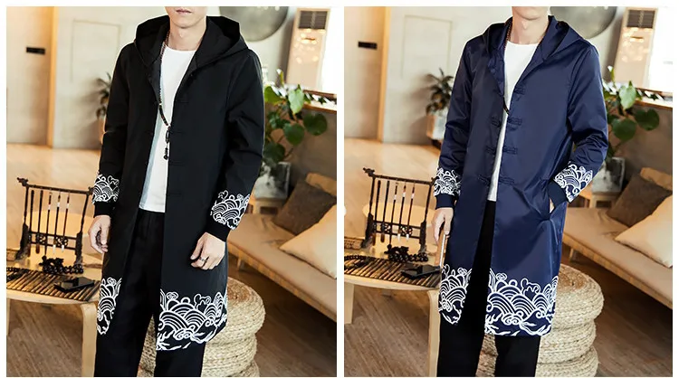 JDDTON, весеннее мужское хлопковое кимоно с принтом, свободный модный длинный кардиган, верхняя одежда, ВИНТАЖНЫЕ пальто, мужские повседневные пальто с капюшоном JE090