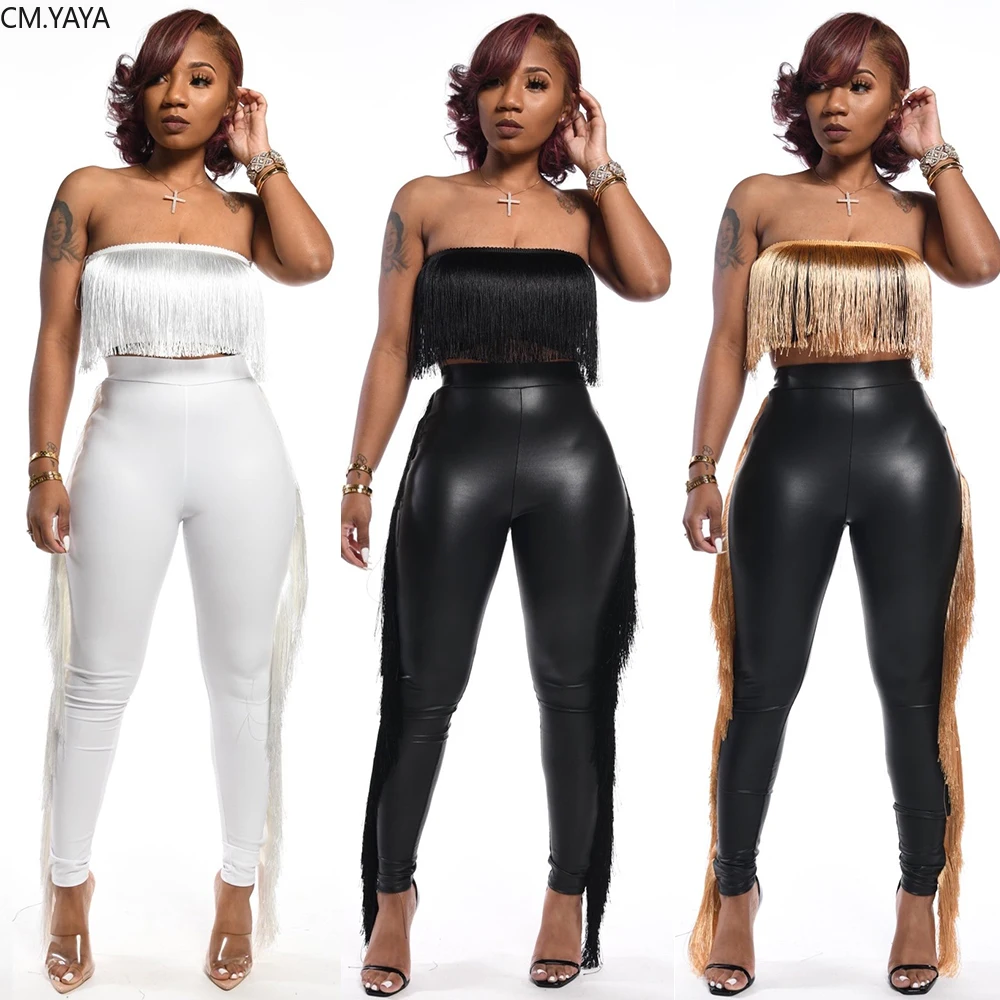 

2020 Winter Women Sets Strapless Tassel Top+ Pants Suits PU Leather Two Piece Set Night Club Tracksuits Fitness Outfits GL7073