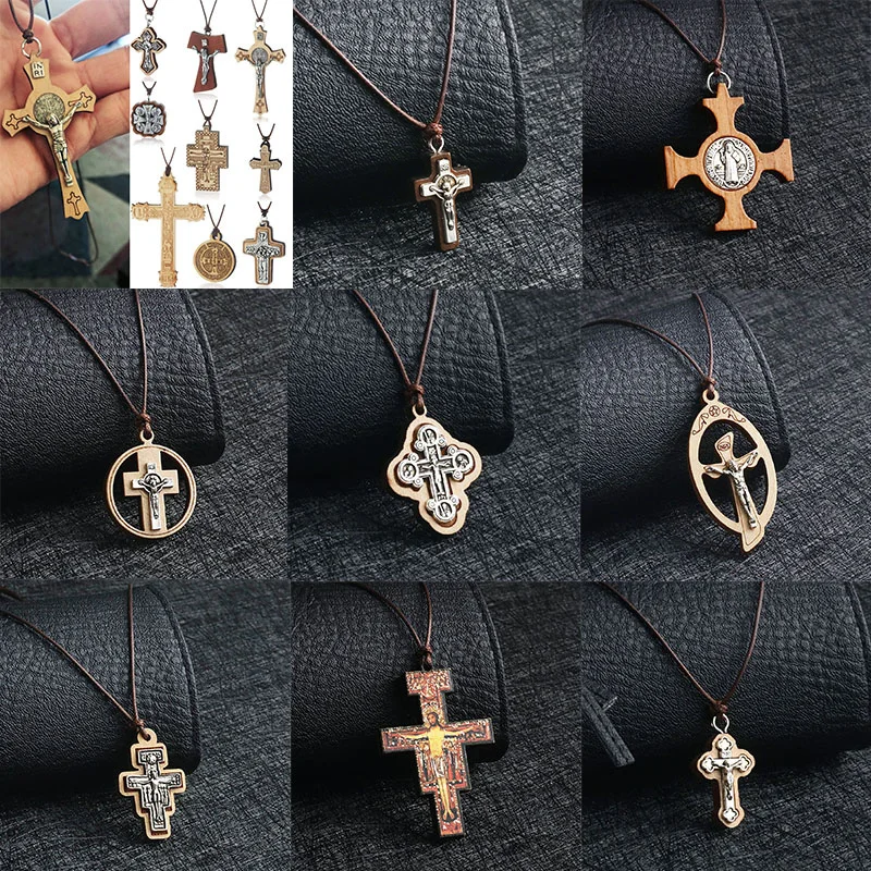 INRI ожерелье с деревянным крестом Регулируемая Веревка цепи распятие Иисус