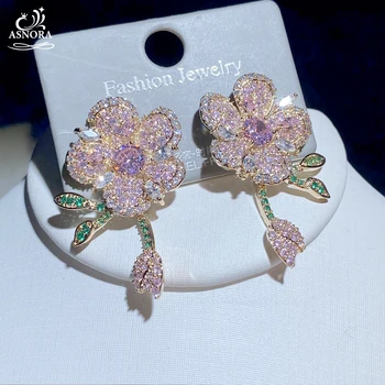 

High Quality Pink Floral Geometric Earrings Female Cute Wedding Birthday Party Jewelry Accessories Fashion Crystal Earrings