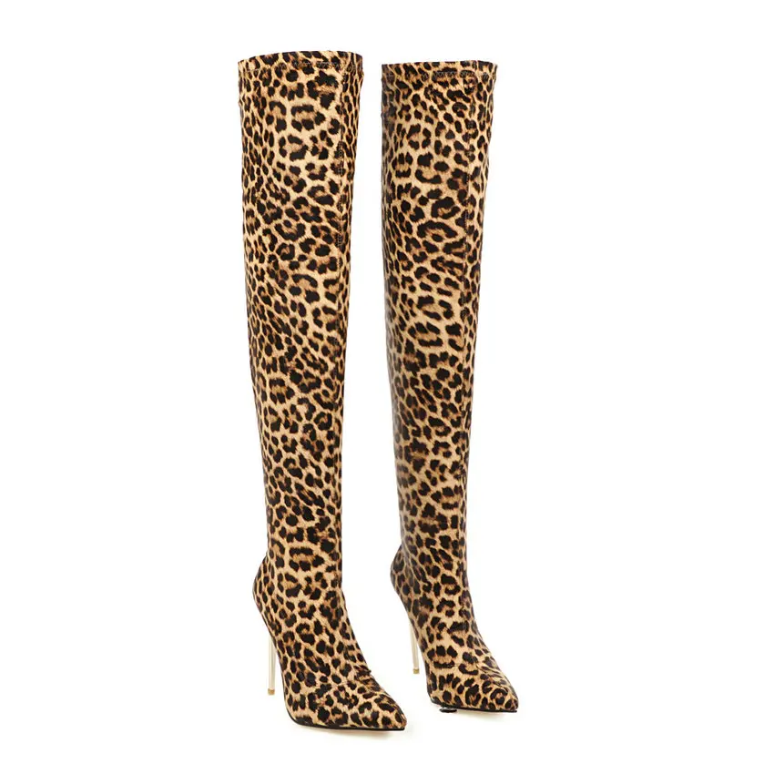 Leopard QUTAA/ г. Пикантные леопардовые сапоги выше колена из эластичной ткани на тонком каблуке зимние высокие сапоги с острым носком женская обувь размер 34-43 - Цвет: Leopard