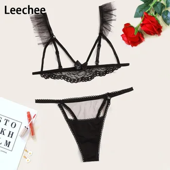 

Leechee Sexy Lingerie Bralette women Lace transparent bra Breathable Hollow panties set Erotic Three-point underwear suit