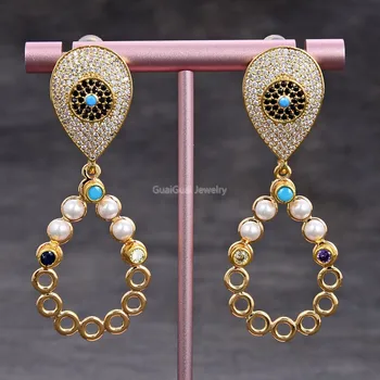 

GuaiGuai Jewelry White Shell Pearl Trimmed Blue Purple Cz Pave Setting Gold Plated Dangle Stud Earrings