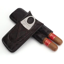 Luxury Leather Cigar Case Set with Stainless Steel Cutter (Coffee set)